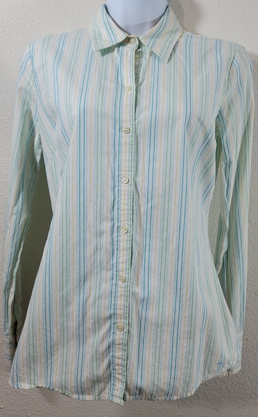 Tommy Hilfiger White Blue Green Striped Button Up Top XS Lightweight Soft